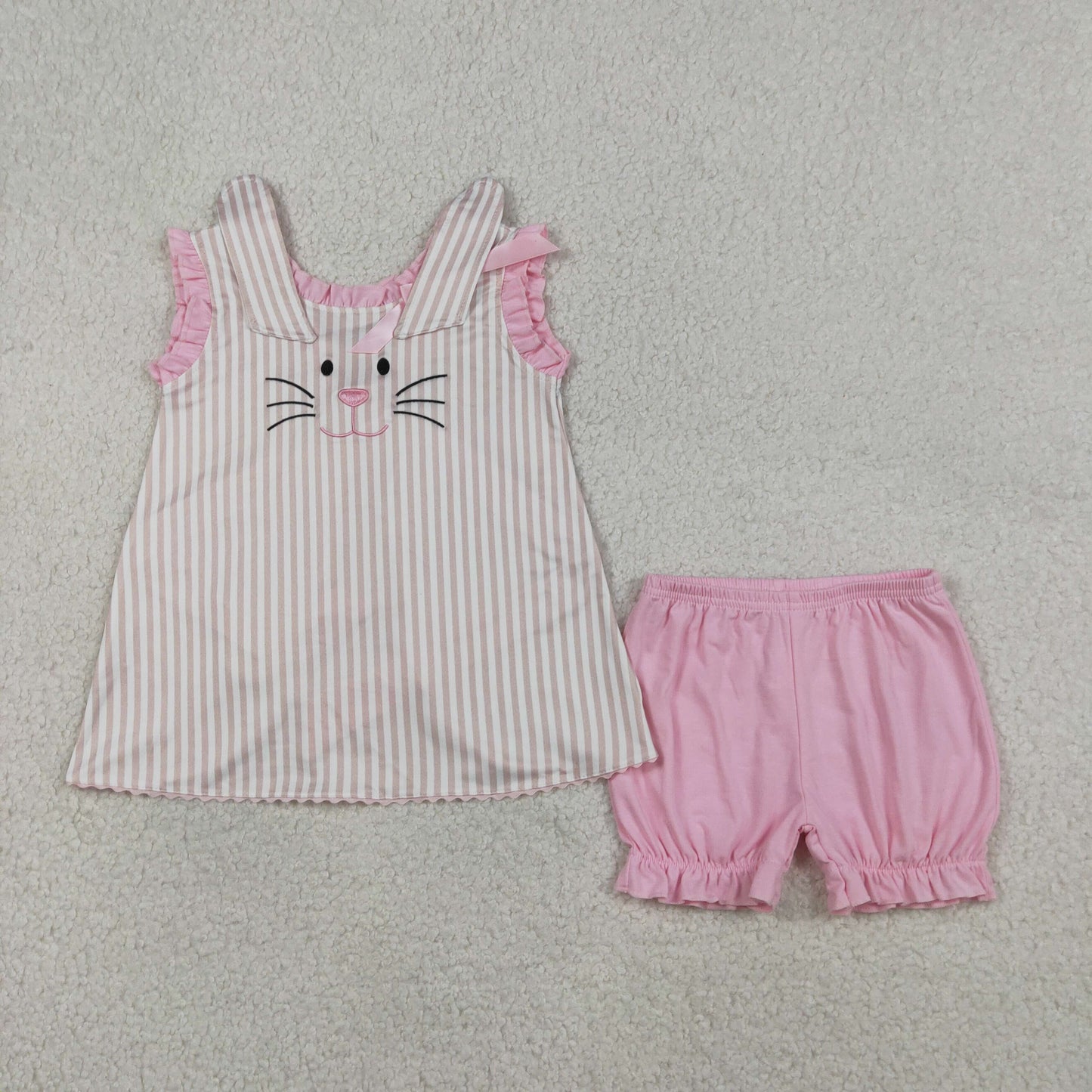 3.27 RTS NO MOQ （In stock）GSSO2924 Kids Clothing for Baby Girls Sleeveless Embroidery Rabbits Back Bows Stripe Tunic Ruffle Shorts Easter Sets