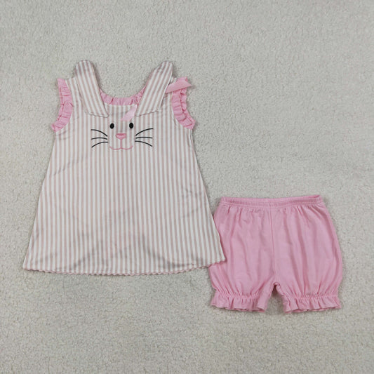 3.27 RTS NO MOQ （In stock）GSSO2924 Kids Clothing for Baby Girls Sleeveless Embroidery Rabbits Back Bows Stripe Tunic Ruffle Shorts Easter Sets