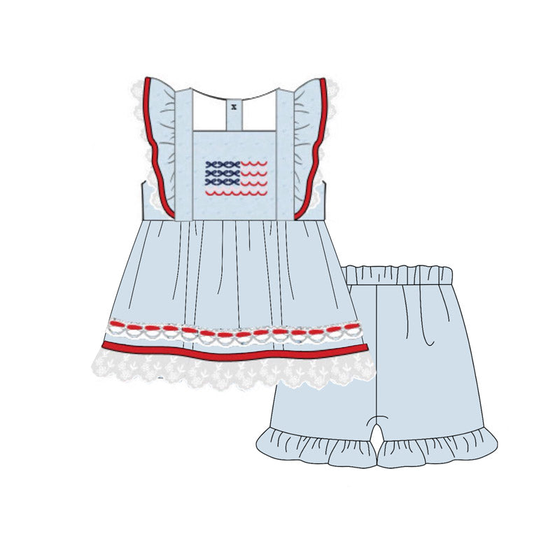 11.22 GSSO2926 Pre order No Moq Baby Girls Blue Flutter Sleeve Flags Tunic Ruffle Shorts 4th of July Clothes Sets