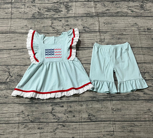 1.6 GSSO2926 Sample No Moq Baby Girls Blue Flutter Sleeve Flags Tunic Ruffle Shorts 4th of July Clothes Sets