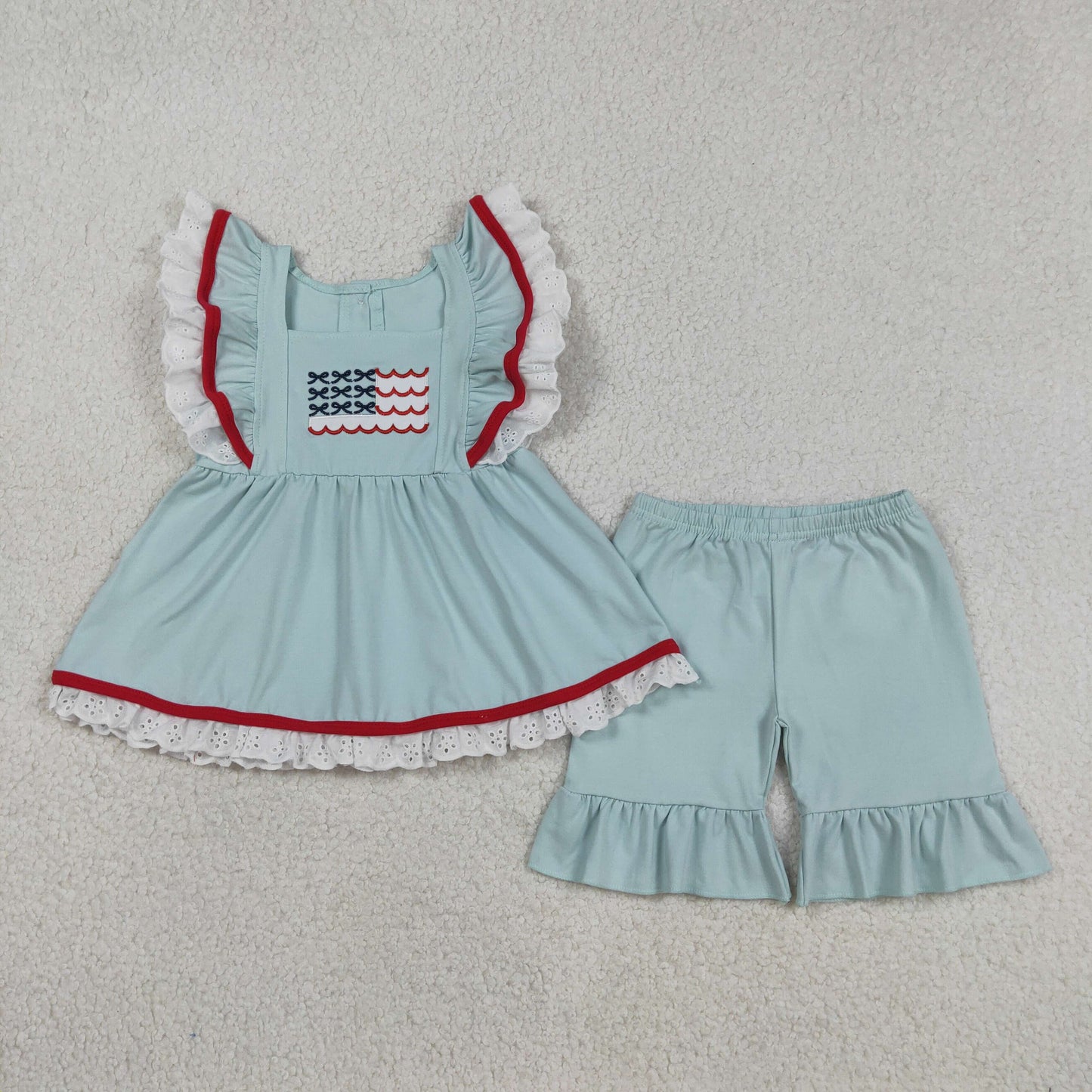 3.18 RTS NO MOQ （In stock）GSSO2926 Kids Clothing for Baby Girls Flutter Sleeve Embroidery Flags Tunic Ruffle Shorts 4th of July Clothes Sets