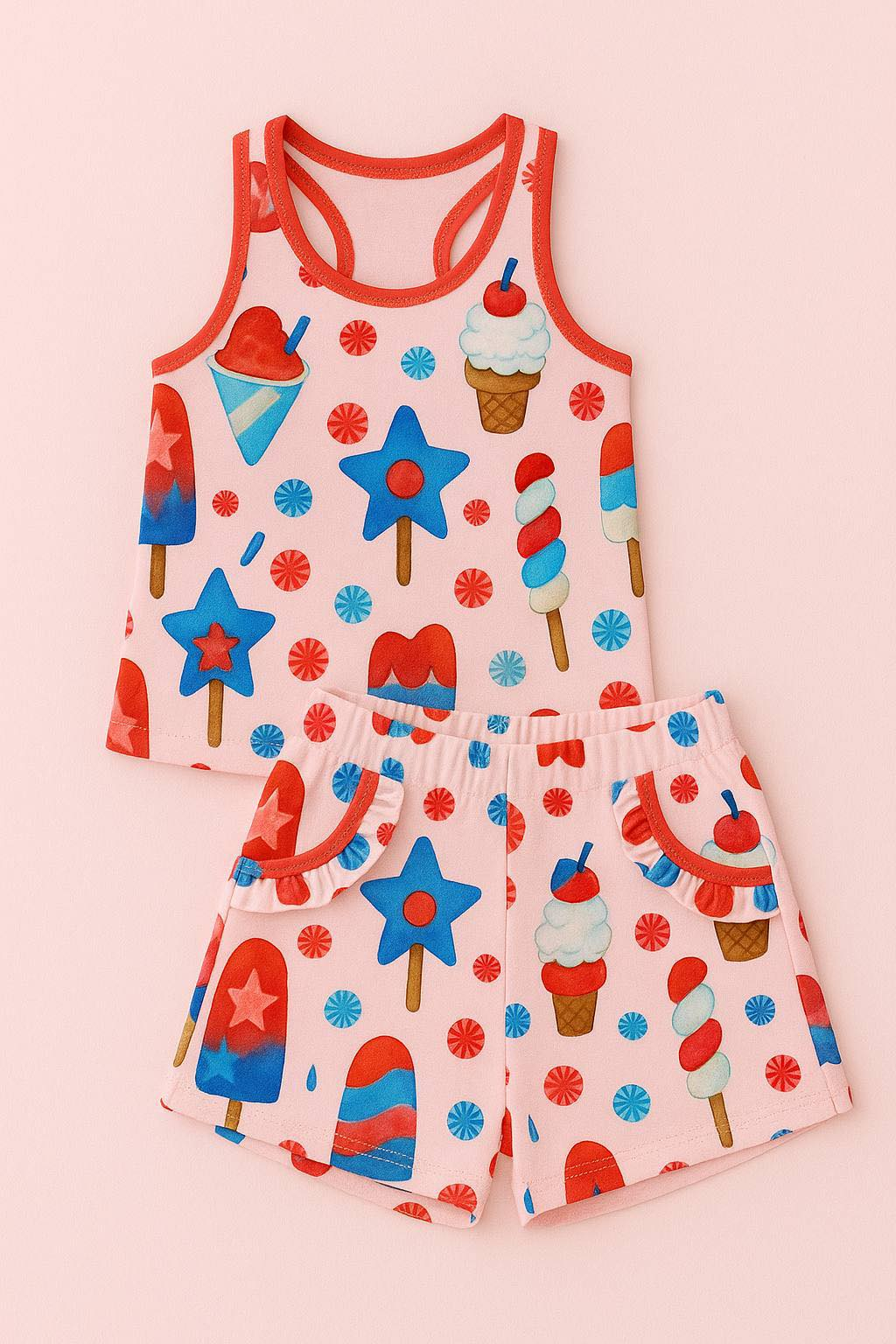 11.22 GSSO2927  Pre order No Moq Baby Girls Ice Cream Popsicle Top Pockets Shorts 4th of July Clothes Sets