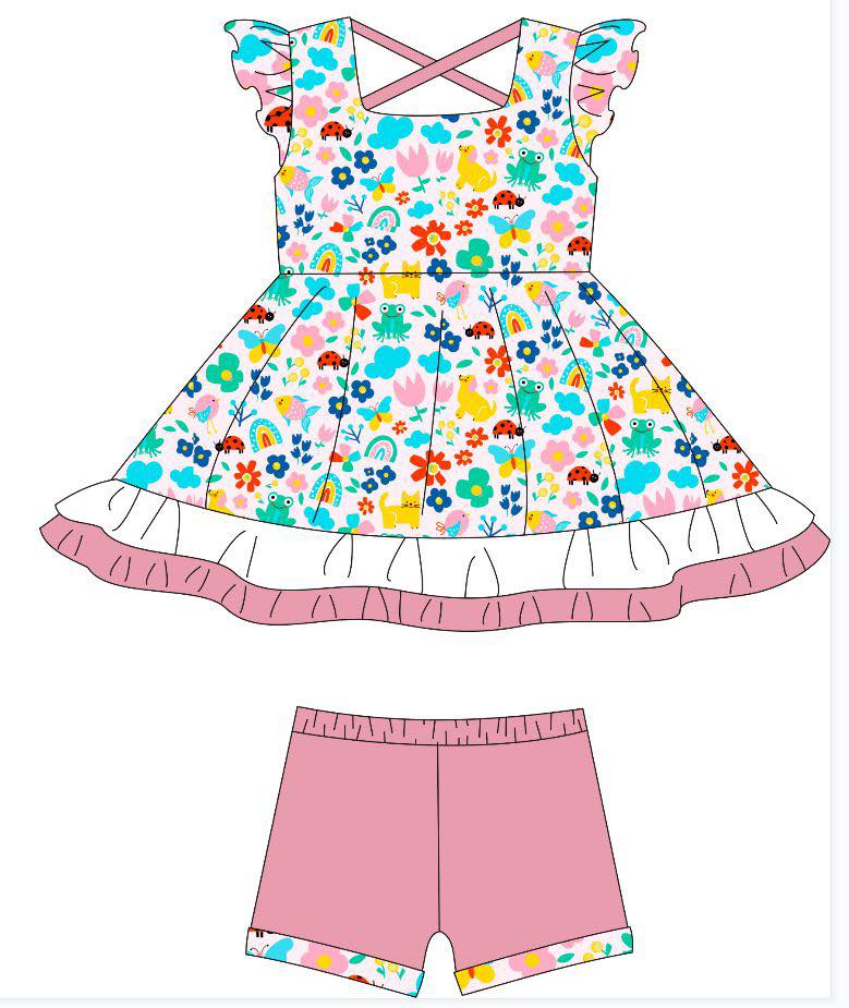 11.22 GSSO2928 Pre order No Moq Baby Girls Flutter Sleeve Flowers Frogs Ruffle Tunic Shorts Clothes Sets