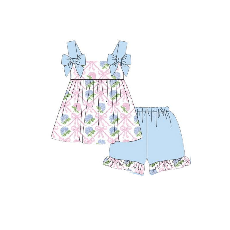 11.22 GSSO2930 Pre order No Moq Baby Girls Blue Strap Flowers Bows Checked Tunic Ruffle Shorts Clothes Sets