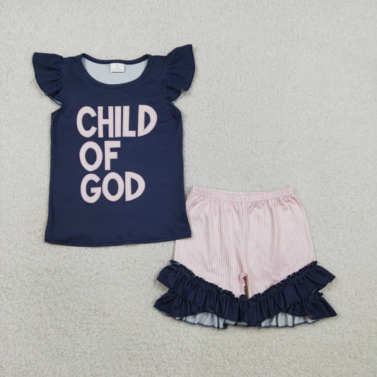 2.3 RTS NO MOQ （In stock）GSSO2933 Baby Girls Flutter Sleeve Child of God Top Ruffle Shorts Clothes Sets