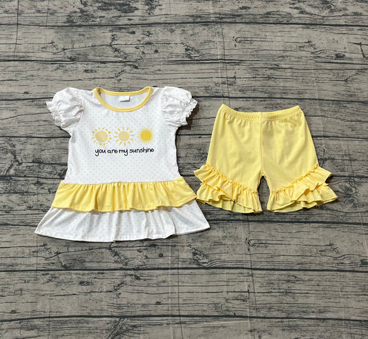 1.17 GSSO2947 Sample No Moq Baby Girls Polka Dots You are My Sunshine Tunic Ruffle Shorts Clothes Sets