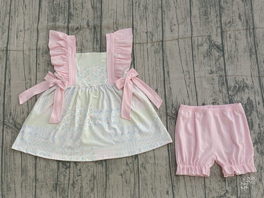 1.12 GSSO2951 Sample No Moq Baby Girls Bows Flowers Checked Tunic Ruffle Shorts Clothes Sets