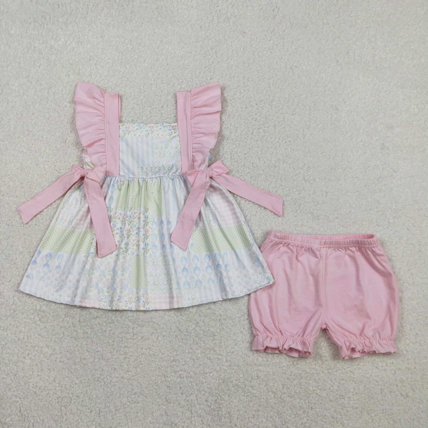 2.4 RTS NO MOQ （In stock）GSSO2951 Baby Girls Bows Flowers Checked Tunic Ruffle Shorts Clothes Sets