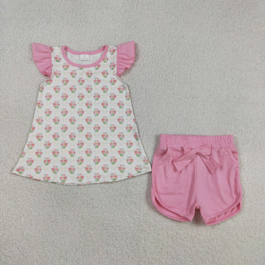 3.12 RTS NO MOQ （In stock）GSSO2953 Kids Clothing for Girls Baby Girls Pink Flowers Checked Tunic Pockets Short Clothes Sets