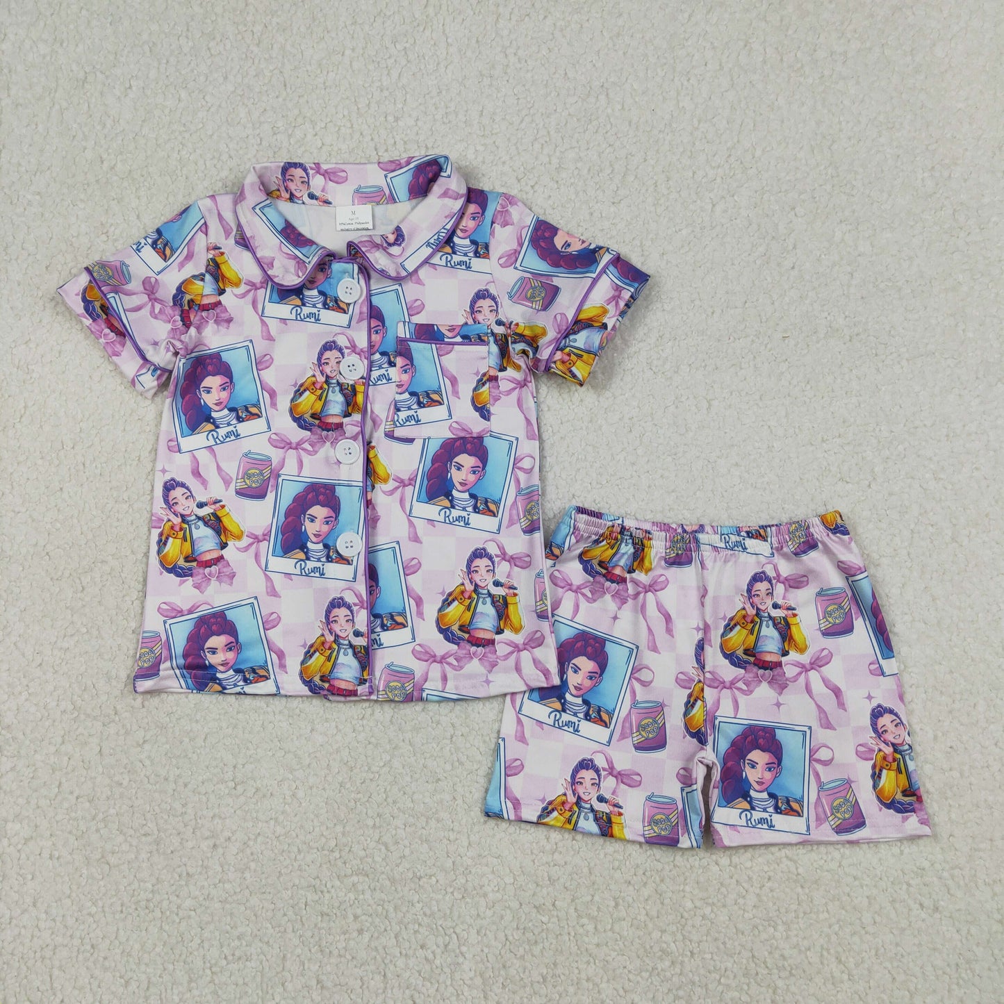 12.26 RTS NO MOQ （In stock）GSSO2961 Baby Girls Demon Hunter Button Pocket Top Shorts Pajamas Sets