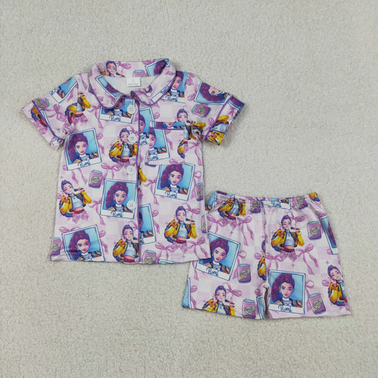 12.26 RTS NO MOQ （In stock）GSSO2961 Baby Girls Demon Hunter Button Pocket Top Shorts Pajamas Sets