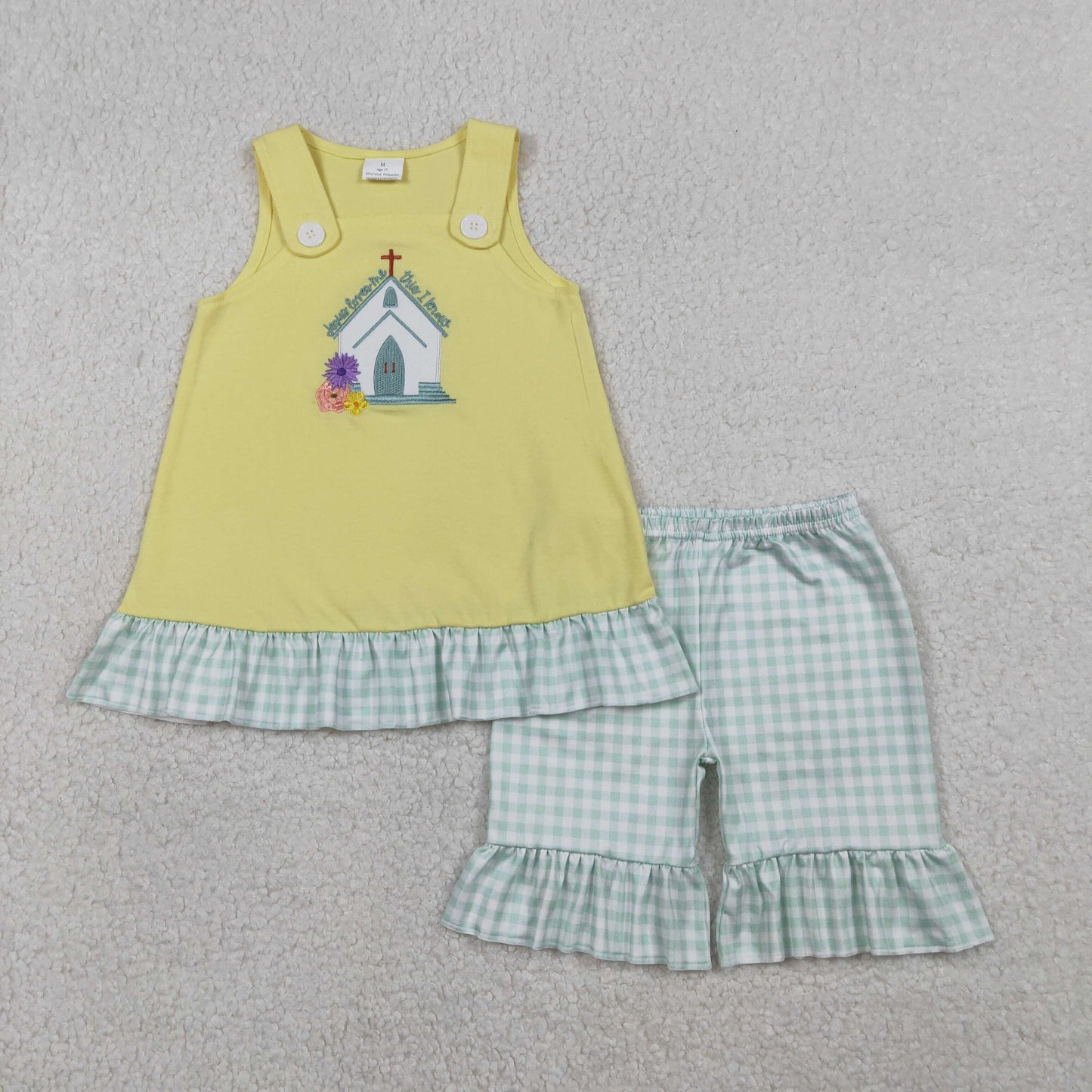 1.13 RTS NO MOQ （In stock）GSSO2966 Embroidery Church Cross Baby Girls Tunic Checked Ruffle Shorts Easter Clothes Sets