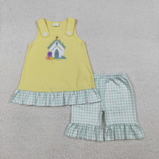 1.13 RTS NO MOQ （In stock）GSSO2966 Embroidery Church Cross Baby Girls Tunic Checked Ruffle Shorts Easter Clothes Sets