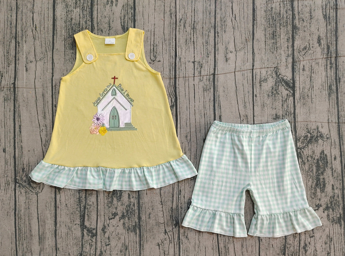 12.11 GSSO2966 Sample No Moq Embroidery Church Crosses Baby Girls Tunic Checked Ruffle Shorts Easter Clothes Sets