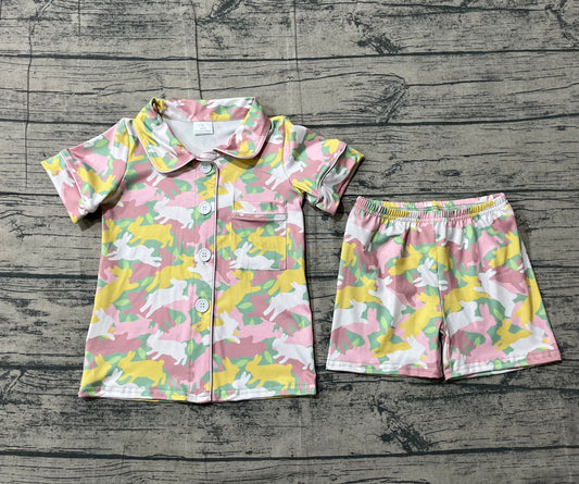 12.20 GSSO2972 Sample No Moq Baby Girls Rabbits Camo Button Pocket Top Shorts Easter Pajamas Sets