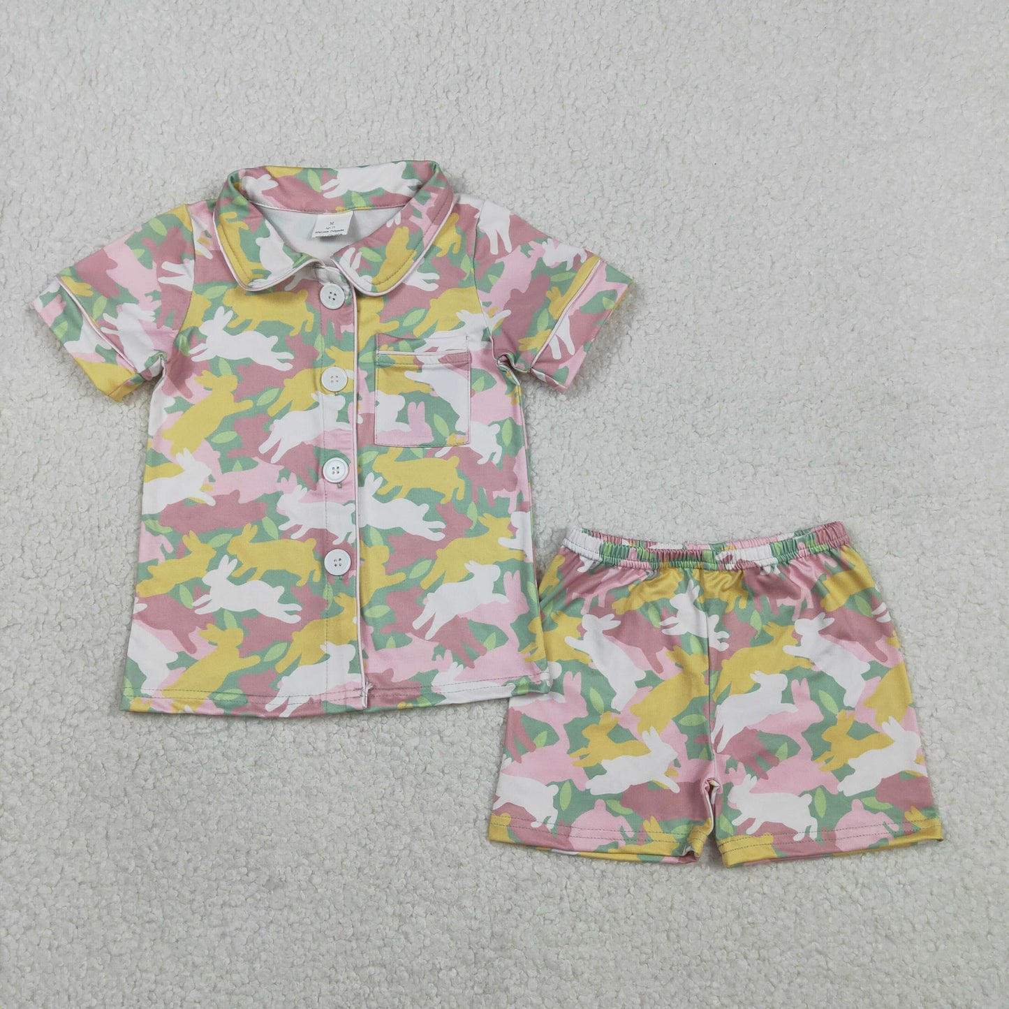 1.24 RTS NO MOQ （In stock）GSSO2972 Baby Girls Rabbits Camo Button Pocket Top Shorts Easter Pajamas Sets