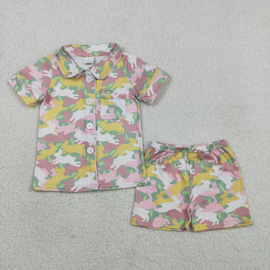 1.24 RTS NO MOQ （In stock）GSSO2972 Baby Girls Rabbits Camo Button Pocket Top Shorts Easter Pajamas Sets