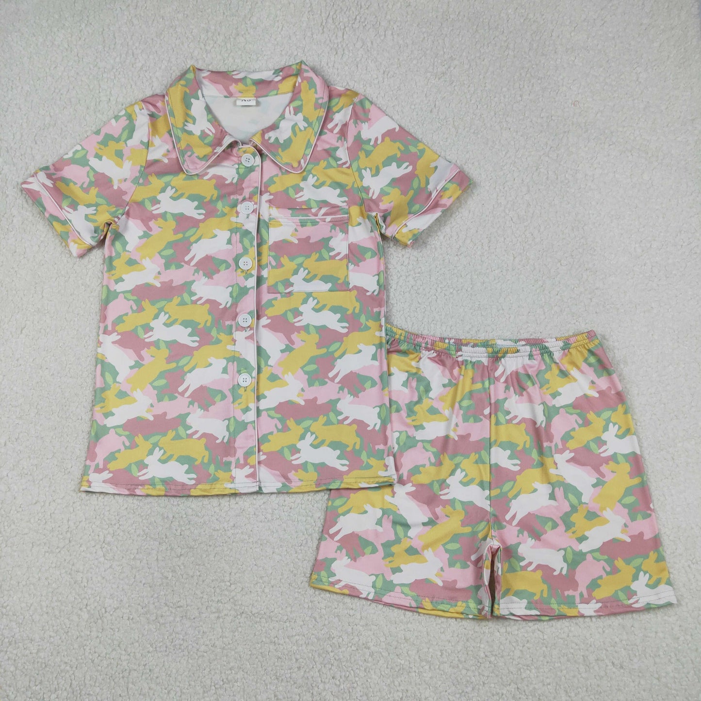 1.12 RTS NO MOQ （In stock）GSSO2973 Adult Women Rabbits Camo Button Pocket Top Shorts Easter Pajamas Set