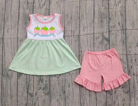 12.8 GSSO2981 Sample No Moq Embroidery Bows Strawberry Baby Girls Checked Tunic Ruffle Shorts Clothes Sets