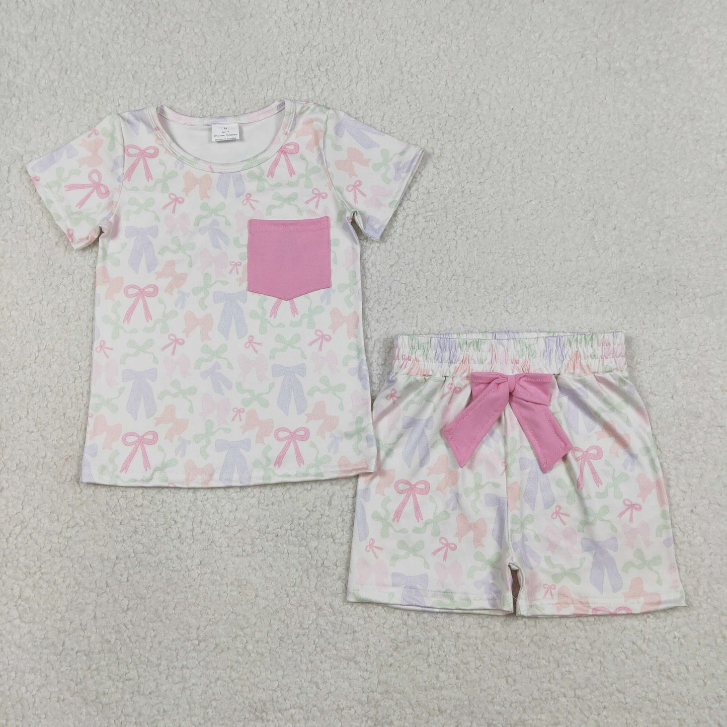 1.12 RTS NO MOQ （In stock）GSSO2990 Baby Girls Colorful Bows Pocket Top Shorts Clothes Sets