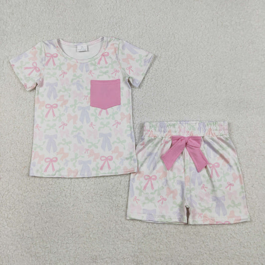 1.12 RTS NO MOQ （In stock）GSSO2990 Baby Girls Colorful Bows Pocket Top Shorts Clothes Sets
