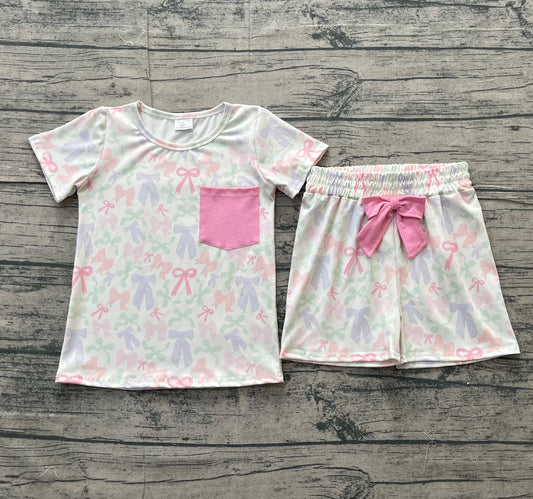 12.15 GSSO2990 Sample No Moq Baby Girls Colorful Bows Pocket Top Shorts Clothes Sets
