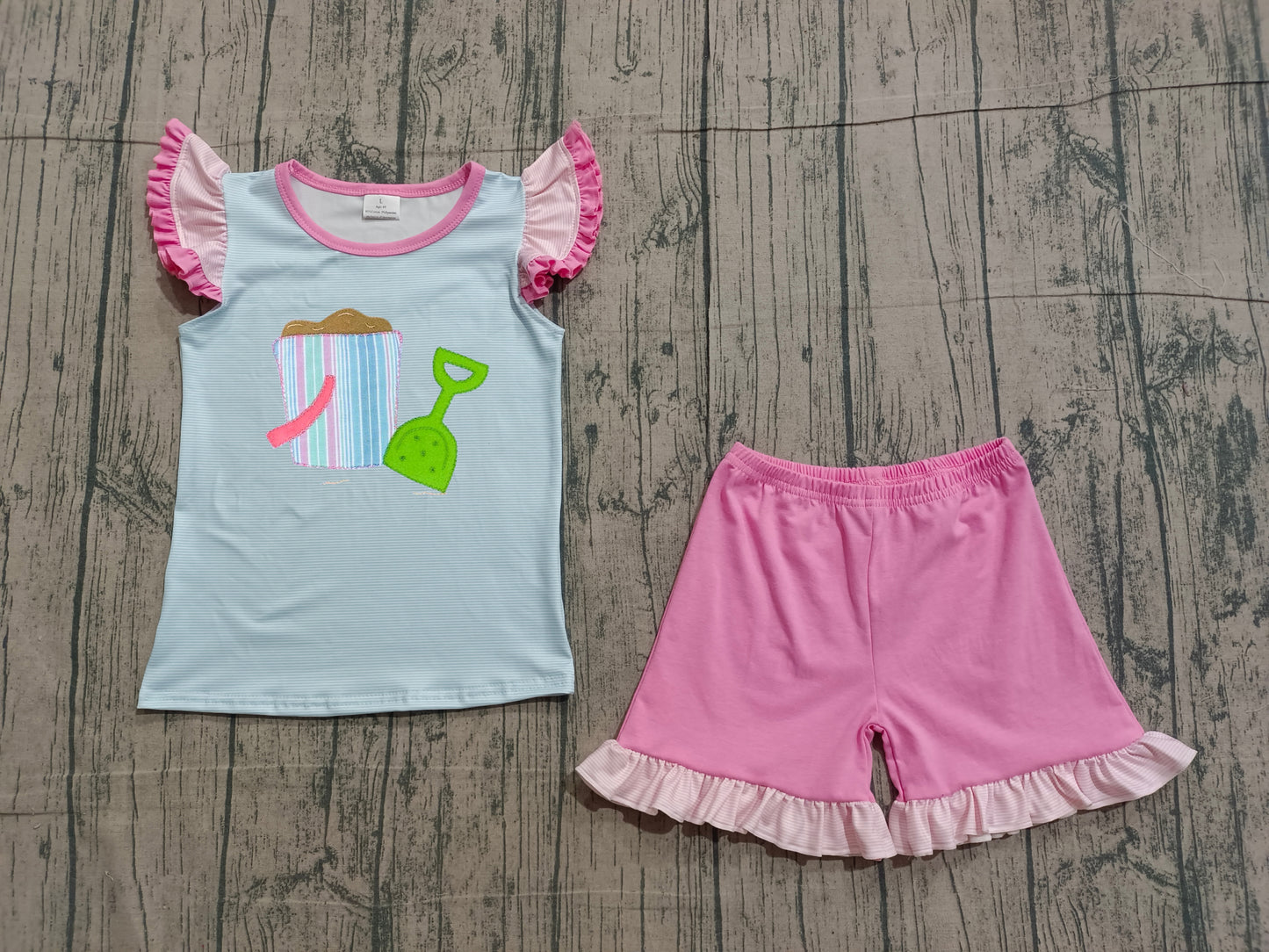 1.9 GSSO2991 Sample No Moq Embroidery Beach Baby Girls Flutter Sleeve Top Ruffle Shorts Clothes Sets
