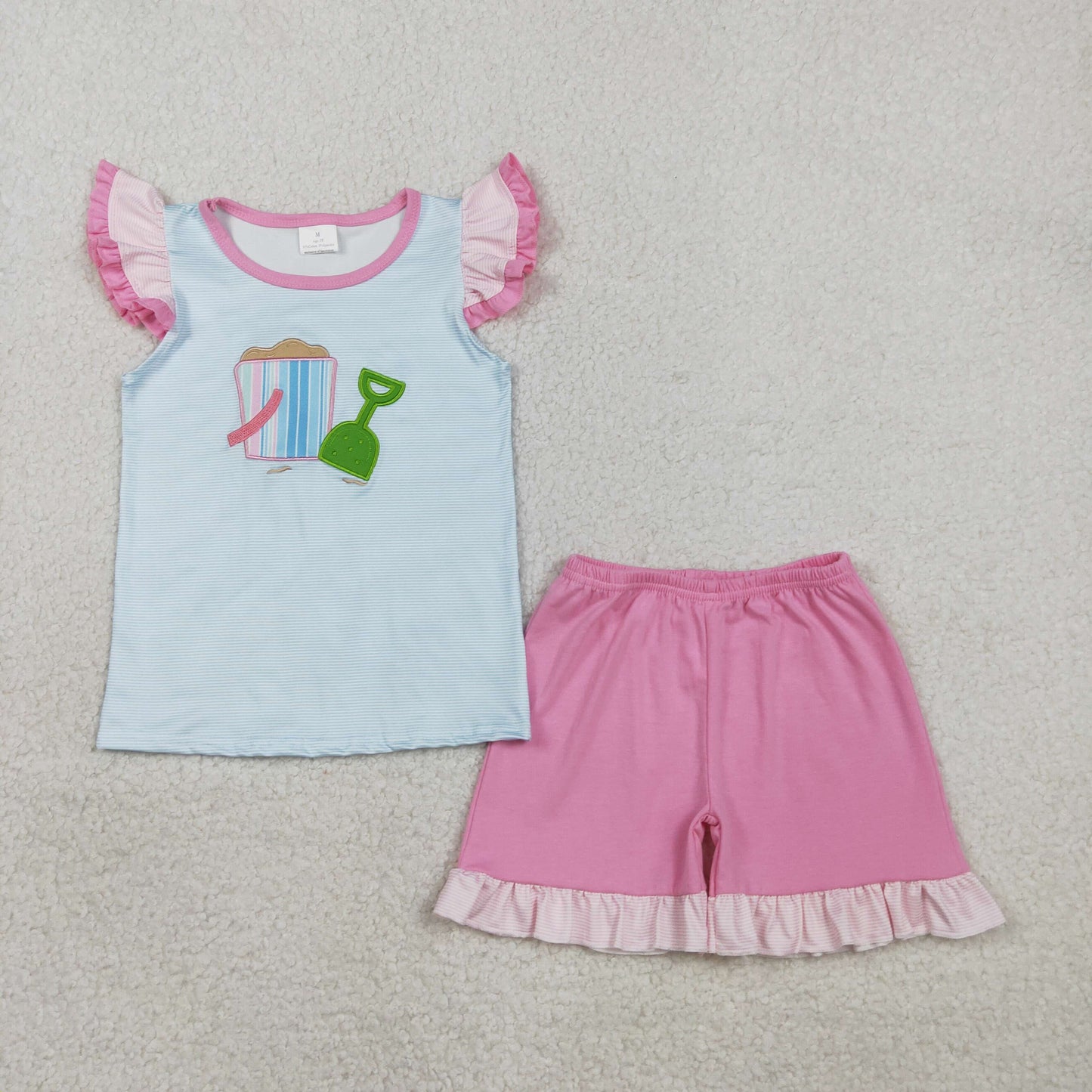 2.9 RTS NO MOQ （In stock）GSSO2991 Kids Clothing for Girls Baby Girls Embroidery Flutter Sleeve Top Ruffle Shorts Clothes Sets