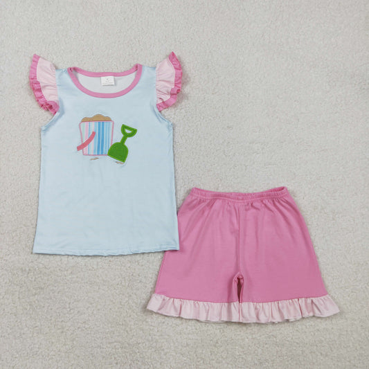 2.9 RTS NO MOQ （In stock）GSSO2991 Kids Clothing for Girls Baby Girls Embroidery Flutter Sleeve Top Ruffle Shorts Clothes Sets