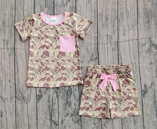 12.17 GSSO2994 Sample No Moq Baby Girls Southern Khaki Camo Pocket Top Shorts Pajamas Sets