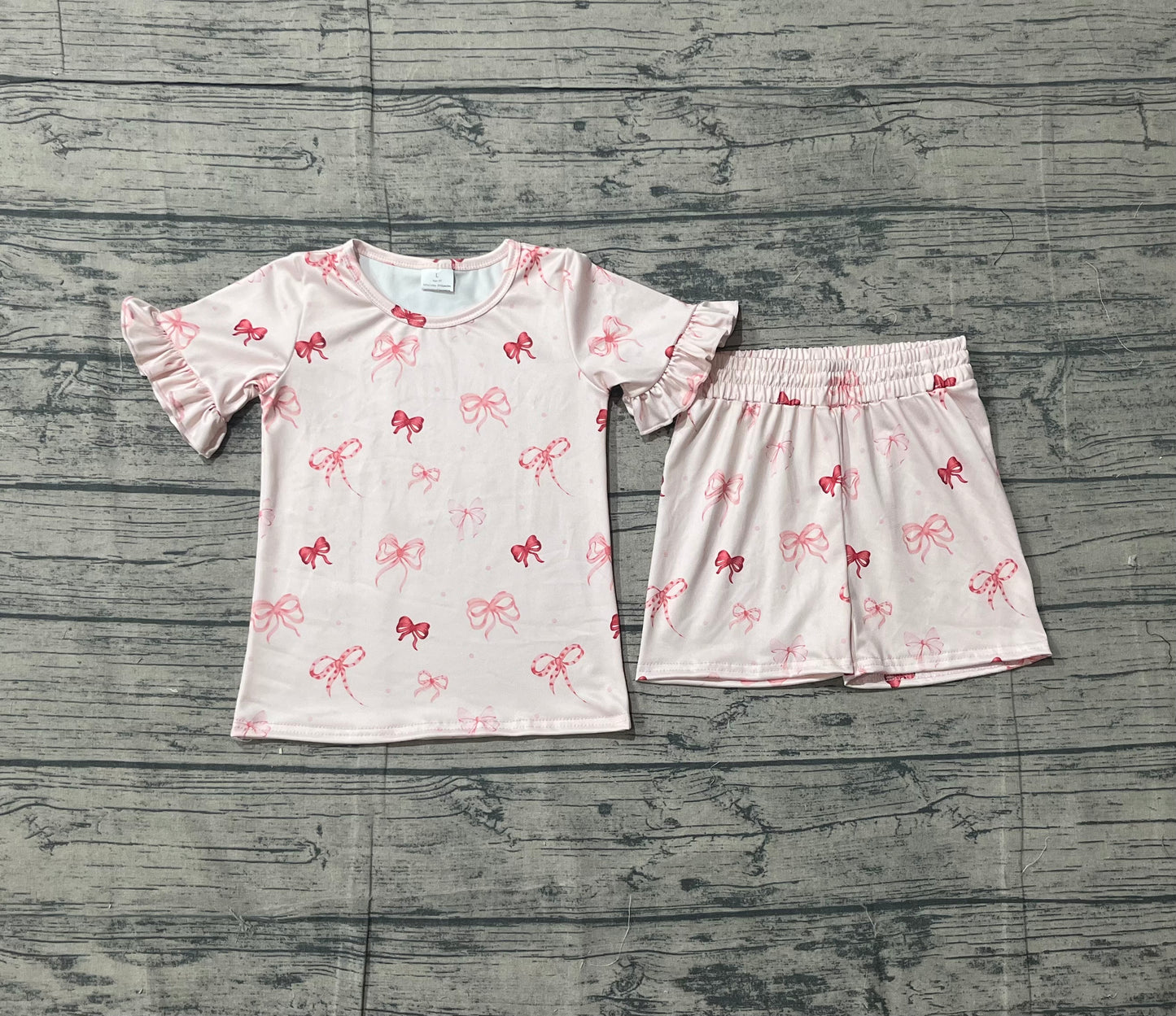 1.14 GSSO2996 Sample No Moq Baby Girls Pink Short Ruffle Sleeve Bows Polka Dots Top Shorts Clothes Sets