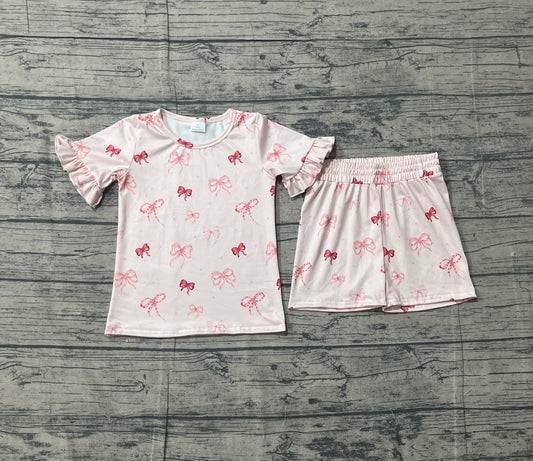 1.14 GSSO2996 Sample No Moq Baby Girls Pink Short Ruffle Sleeve Bows Polka Dots Top Shorts Clothes Sets