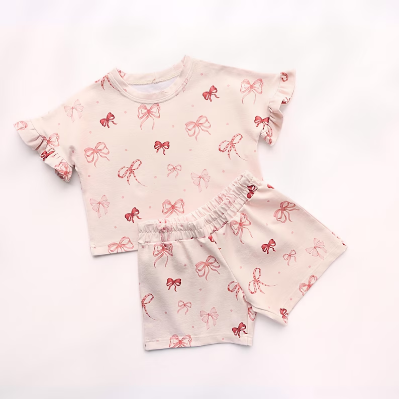 12.5 GSSO2996 Pre order No Moq Baby Girls Pink Short Ruffle Sleeve Bows Polka Dots Top Shorts Clothes Sets