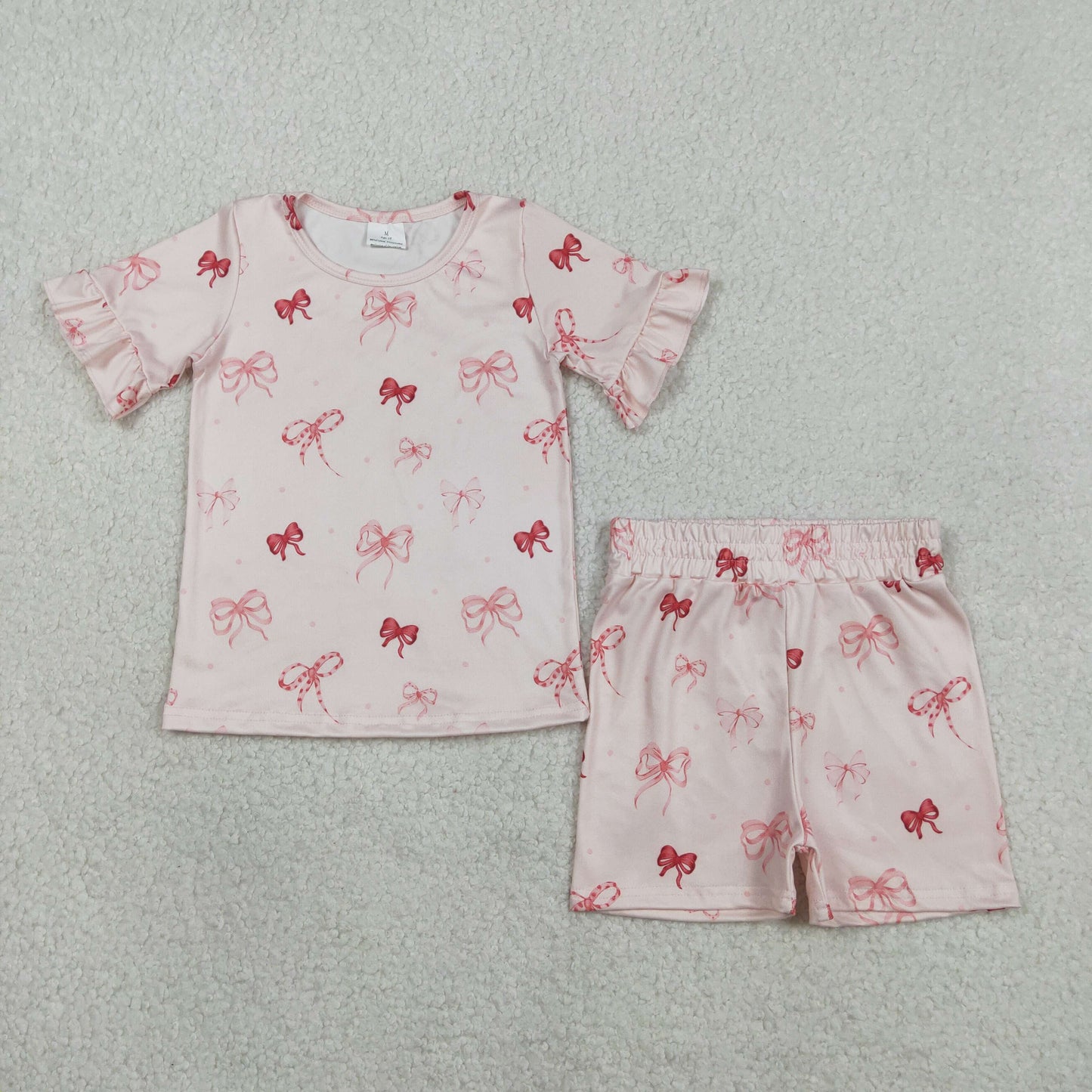 1.27 RTS NO MOQ （In stock）GSSO2996 Baby Girls Pink Bows Top Ruffle Shorts Pajamas Clothes Sets