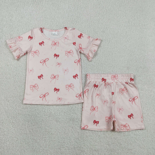 1.27 RTS NO MOQ （In stock）GSSO2996 Baby Girls Pink Bows Top Ruffle Shorts Pajamas Clothes Sets
