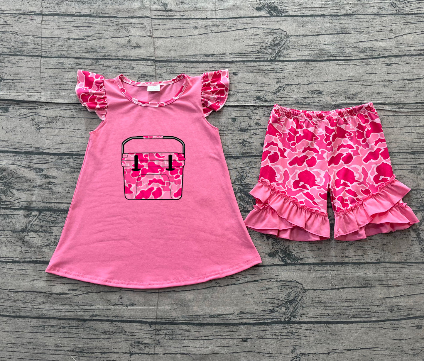 12.15 GSSO3002 Sample No Moq Embroidery Pink Camo Boxes Baby Girls Tunic Ruffle Shorts Hunting Clothes Sets
