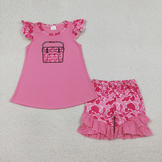 1.14 RTS NO MOQ （In stock）GSSO3002 Embroidery Pink Camo Boxes Baby Girls Tunic Ruffle Shorts Hunting Clothes Sets