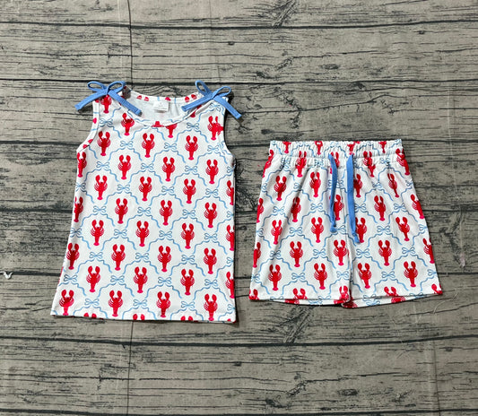 12.20 GSSO3005 Sample No Moq Baby Girls Sleeveless Bows Crayfishes Checked Top Shorts Clothes Sets