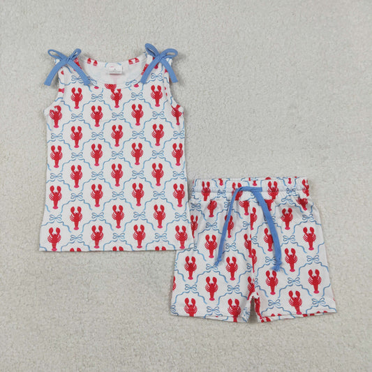 1.6 RTS NO MOQ （In stock）GSSO3005 Baby Girls Sleeveless Bows Crayfishes Checked Top Shorts Clothes Sets