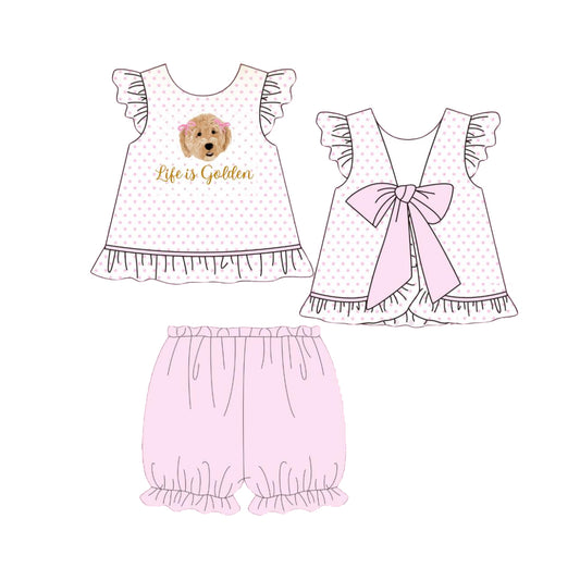 12.9 GSSO3007 Pre order No Moq Baby Girls Dogs Life is Golden Back Bows Tunic Ruffle Shorts Clothes Sets