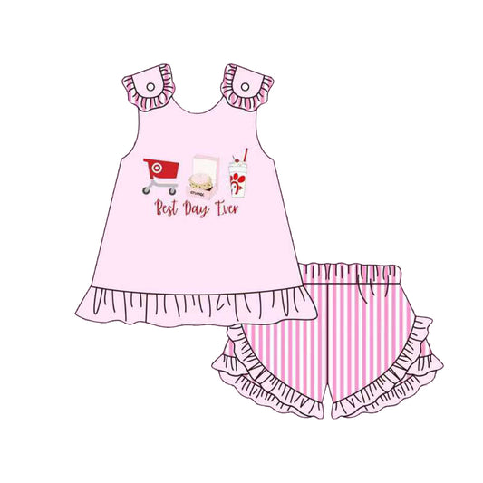 12.9 GSSO3008 Pre order No Moq Baby Girls Best Day Ever Chicken Tunic Stripe Ruffle Shorts Clothes Sets