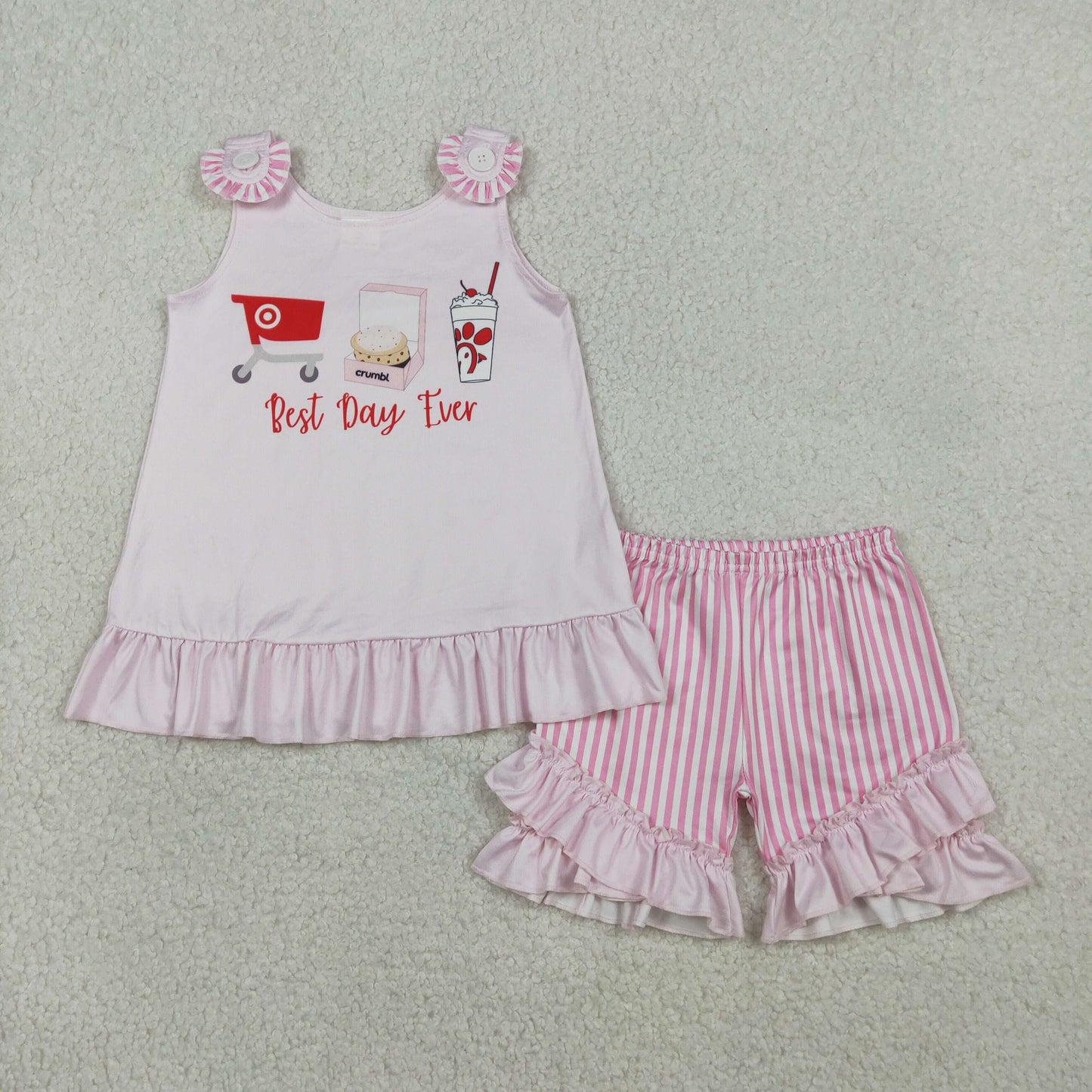 3.30 RTS Sibling Pink best day ever chicken stripe kids girls summer outfits