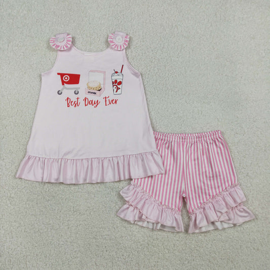 1.21 RTS NO MOQ （In stock）GSSO3008 Baby Girls Best Day Ever Chicken Tunic Stripe Ruffle Shorts Clothes Sets
