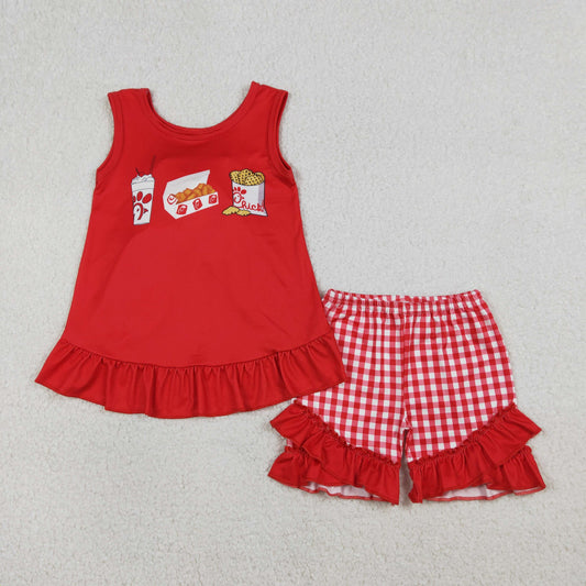 1.16 RTS NO MOQ （In stock）GSSO3009 Baby Girls Chip Chicken Back Bows Tunic Checked Ruffle Shorts Sets