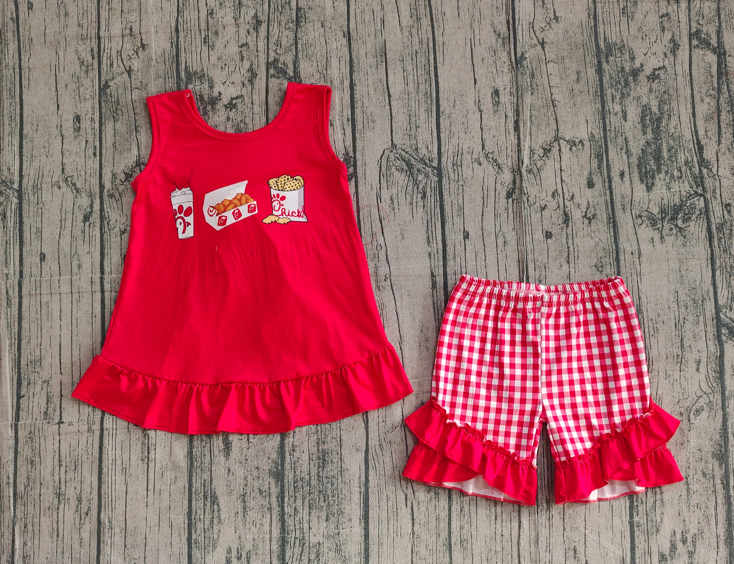 12.29 GSSO3009 Sample No Moq Baby Girls Chip Chicken Back Bows Tunic Checked Ruffle Shorts Clothes Sets