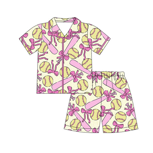 12.10 GSSO3012 Pre order No Moq Baby Girls Pink Bows Baseballs Button Top Shorts Team Pajamas Sets