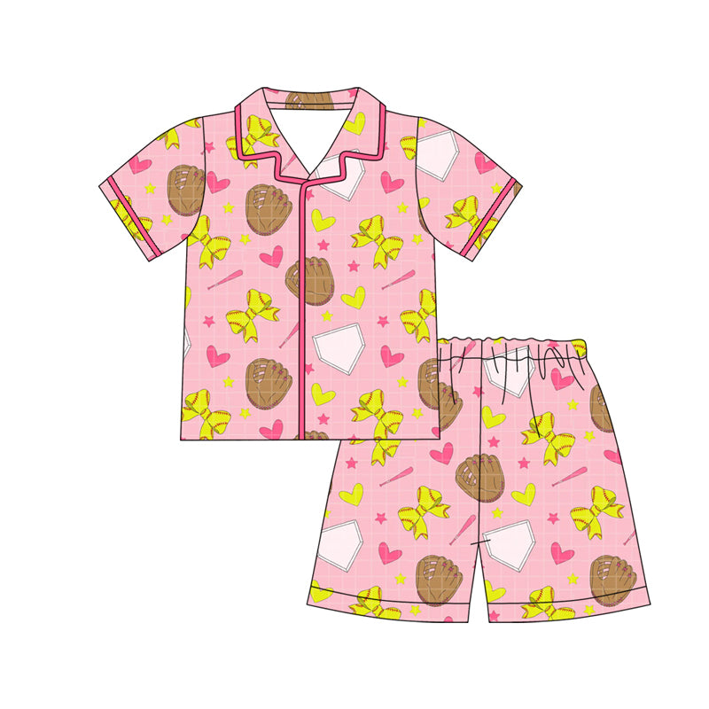 12.10 GSSO3013 Pre order No Moq Baby Girls Baseball Bows Hearts Button Top Shorts Team Pajamas Sets