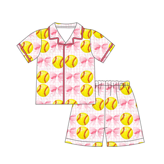 12.10 GSSO3014 Pre order No Moq Baby Girls Bows Baseball Checked Button Top Shorts Team Pajamas Sets