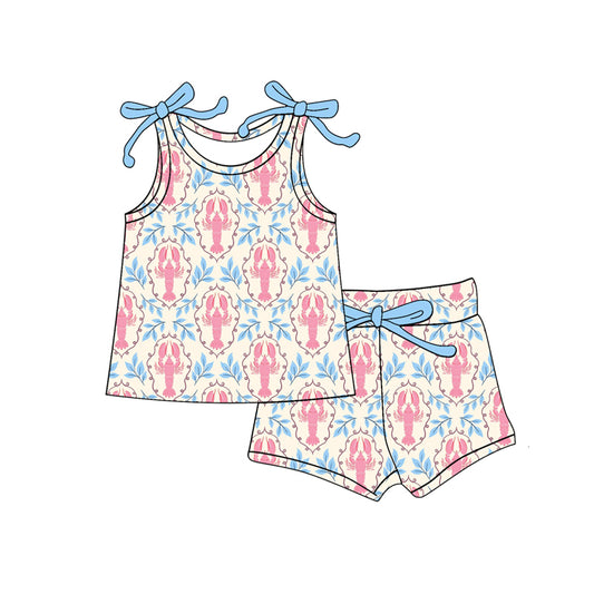 12.10 GSSO3015 Pre order No Moq Baby Girls Bows Sleeveless Crayfishes Checked Top Shorts Clothes Sets