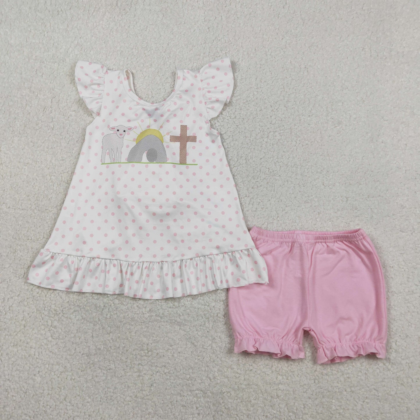 2.2 RTS NO MOQ （In stock）GSSO3018 Baby Girls Cross Polka Dots Back Bow Tunic Ruffle Short Easter Clothes Sets